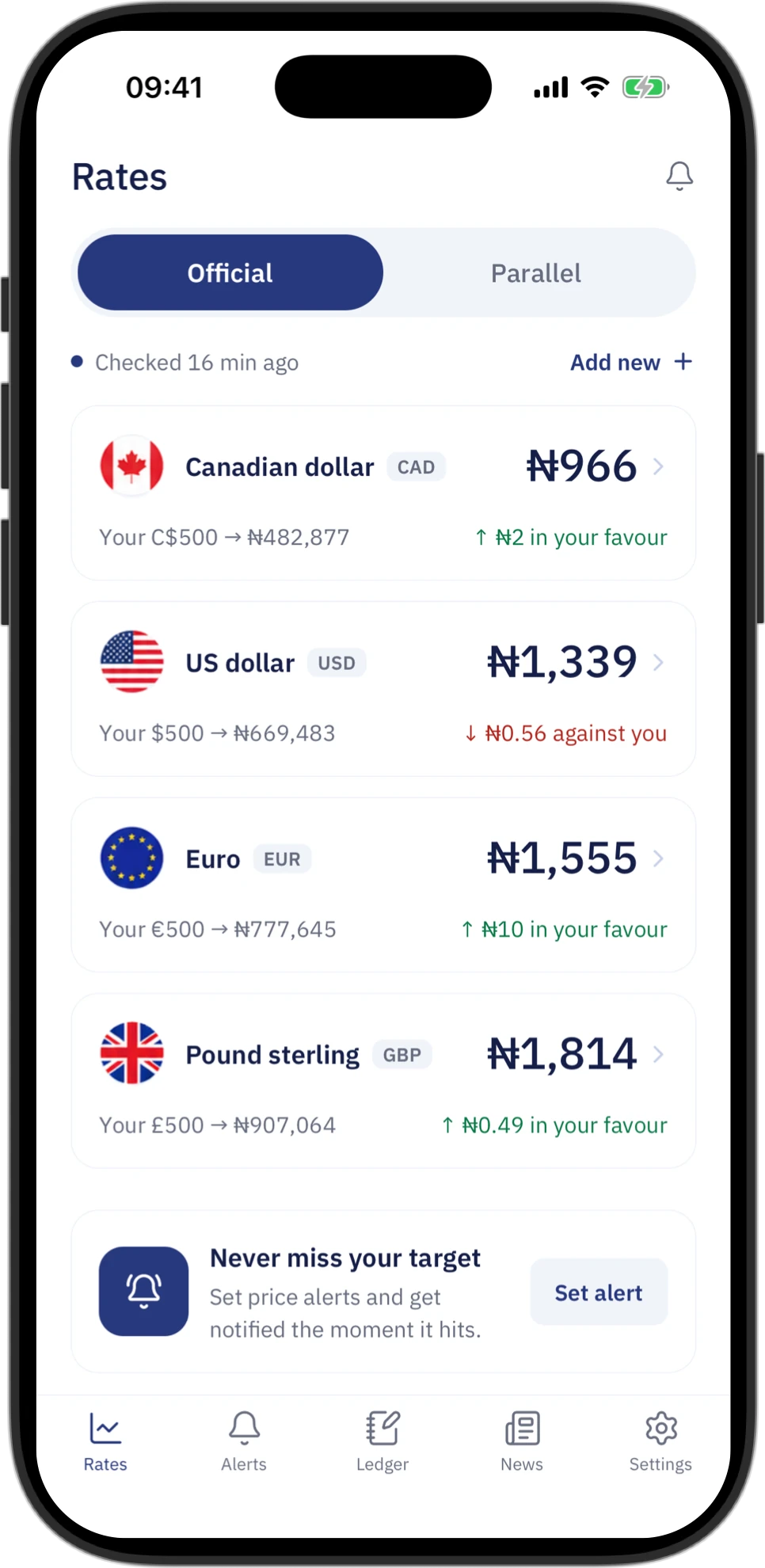 The Asiko rates screen on an iPhone, listing today's official naira rate for each currency.