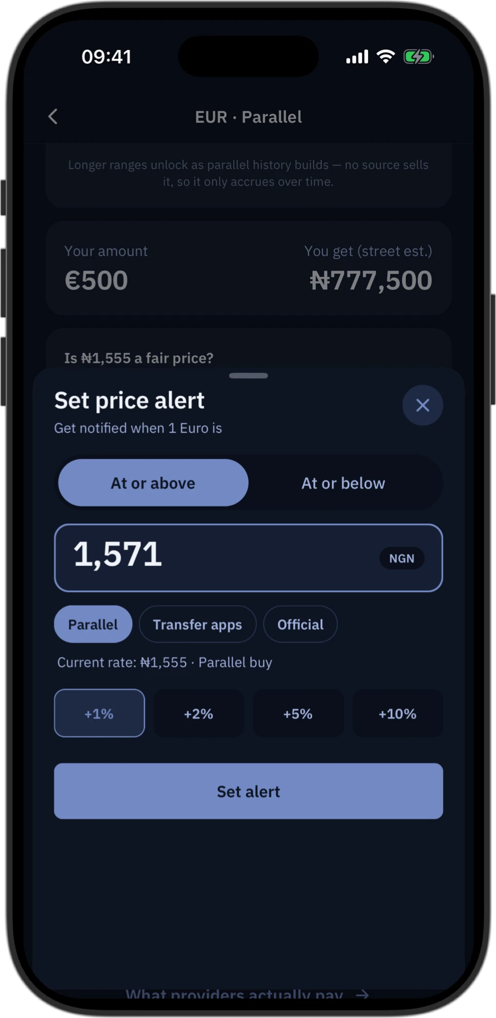 Setting a price alert in Asiko on an iPhone in dark mode, with a target of ₦1,571 for the euro.